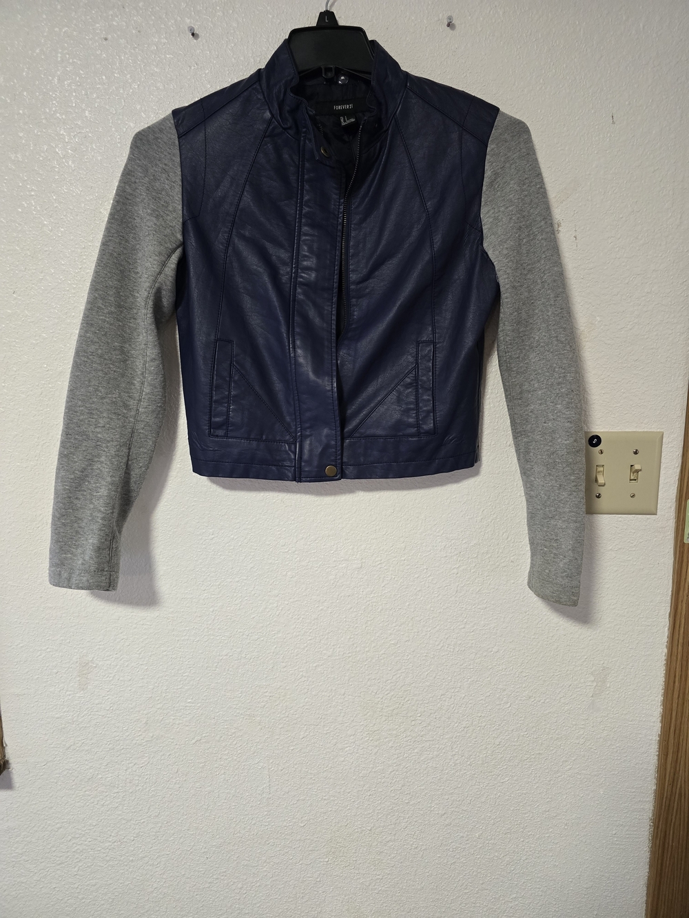 Forever 21 Navy Faux Leather Jacket with Gray Knit Sleeves
